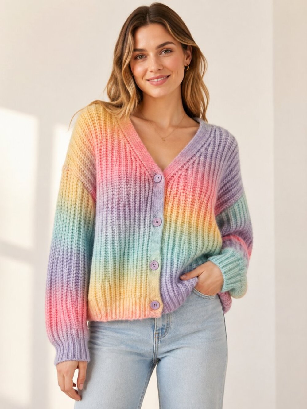 Pastel Chunky Knit Cardigan Sweater Pastel Small Unicorn Oversized Button